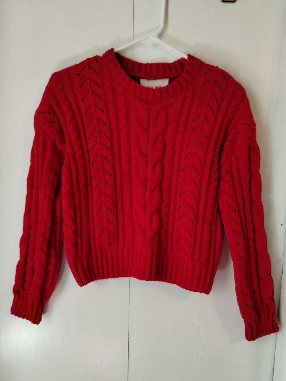 Pink Rose Red Cable-Knit Crewneck Sweater